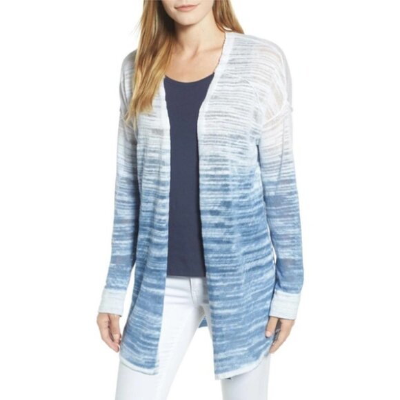 Nic + Zoe Blue White Open Breeze Linen Cotton Ombre Long Sleeve Cardigan Medium - Picture 14 of 14